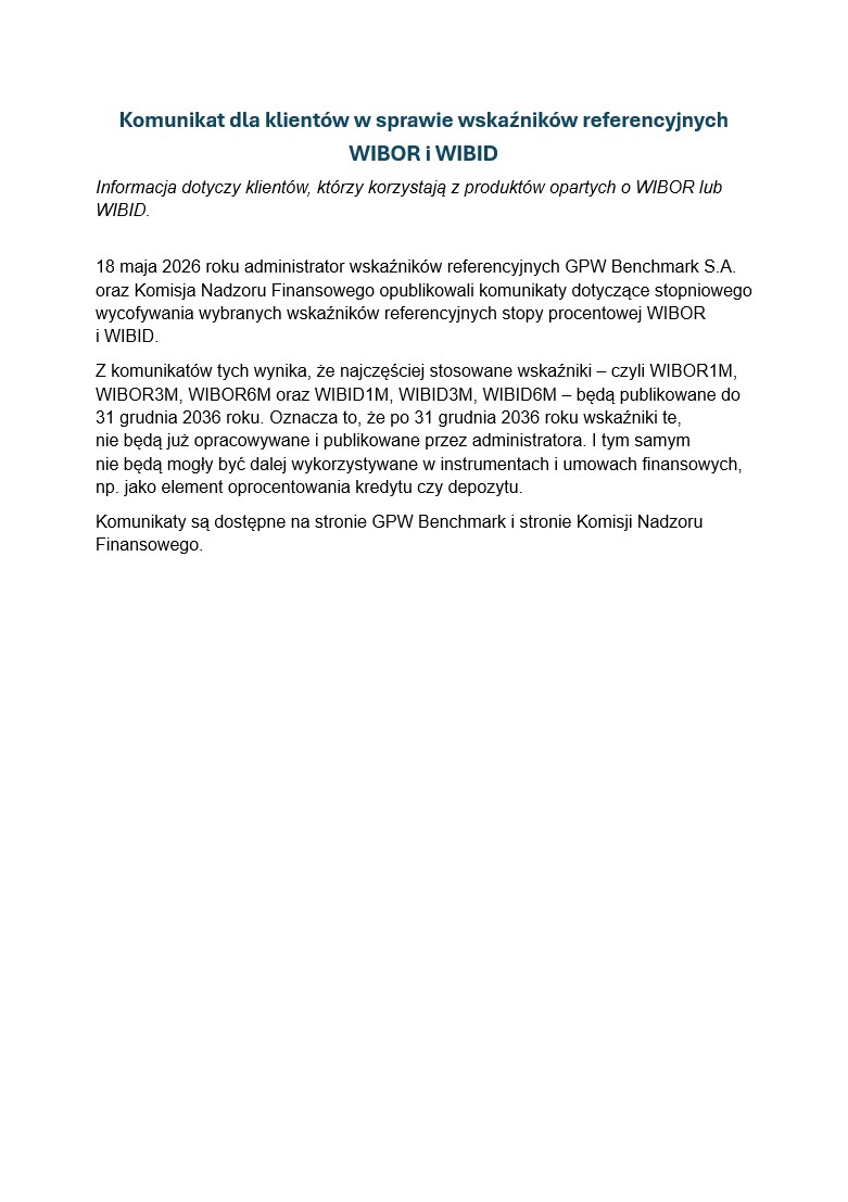 Komunikat dla klientów WIBOR i WIBID